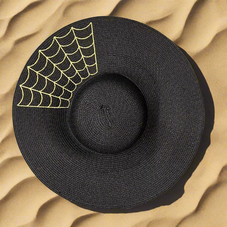 Widow's Web (Gold) Gothic Floppy Sun Hat - Black Straw, XL Brim