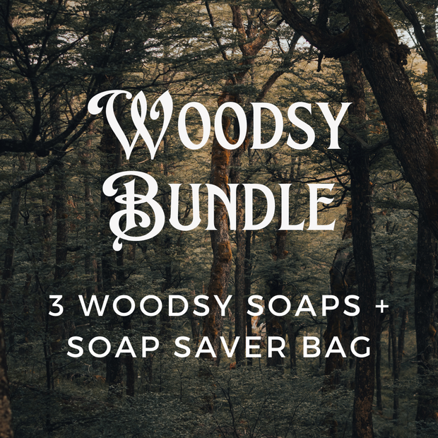 Woodsy Soap Bundle includes 3 of our favorite nature-inspired soap varieties: I am Pining (For You), Mosquito Control, and Within a Sleeping Forest, plus a cotton soap saver loofah bag included free. Perfect for nature enthusiasts, gift-givers, or anyone who craves a slice of the outdoors in their daily routine.