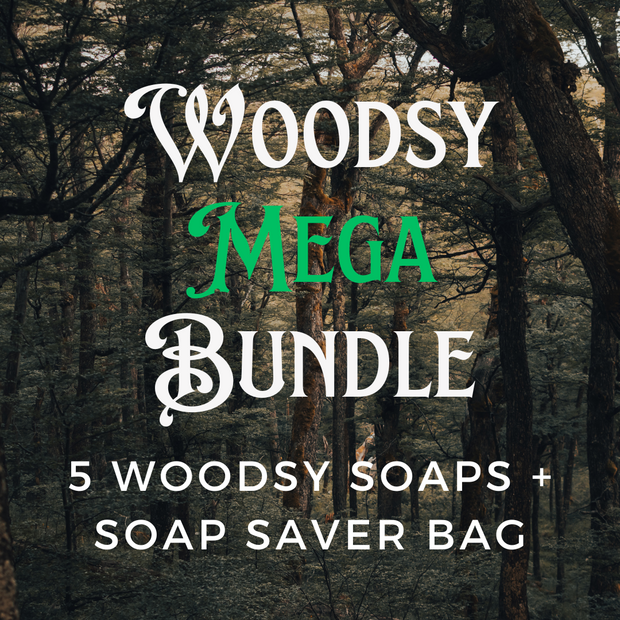 Woodsy Soap Bundle with free soap saver bag, featuring five handcrafted soaps: I Am Pining (For You), Into The Woods, Palace of the Moon, Within a Sleeping Forest, and Northern Darkness. Perfect for hair, body, and beard care with fresh, forest-inspired scents of pine, evergreen, and lavender. Ideal for nature lovers and outdoor enthusiasts.