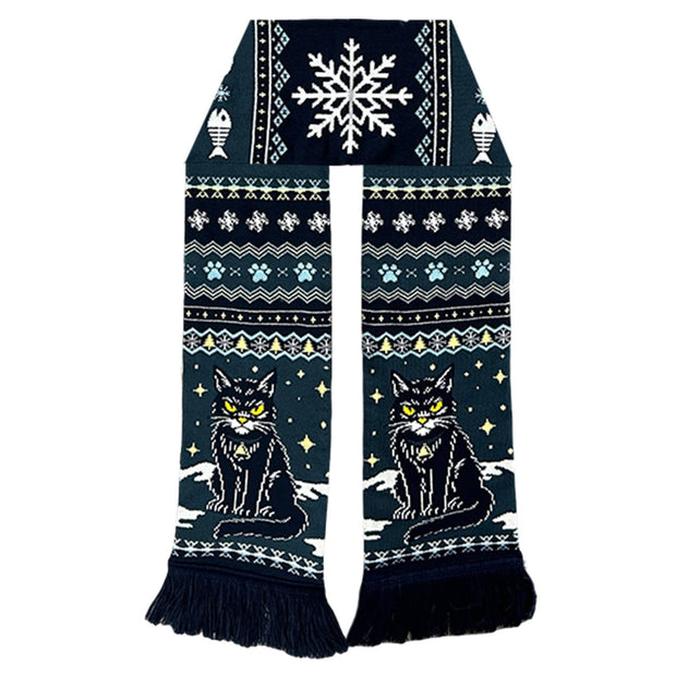 Scarf with cat design and winter pattern on a white background