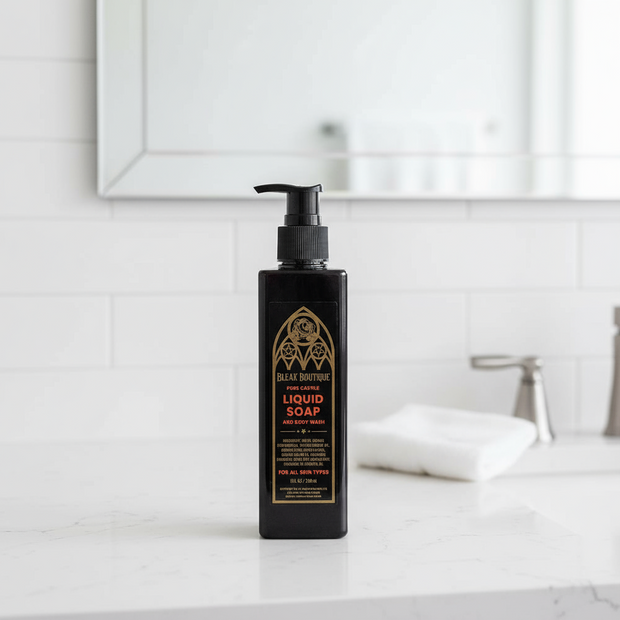Black Bleak Boutique liquid soap bottle with pump on a bathroom counter