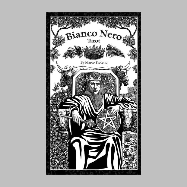 Bianco Nero Tarot Deck by Marco Proietto, contemporary hand-drawn ink illustrations inspired by antique engravings and woodcuts. 78-card Tarot Deck with 64-page guidebook featuring custom Goals Spread included. 