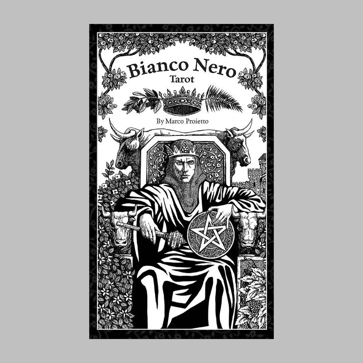 Bianco Nero Tarot Deck by Marco Proietto, contemporary hand-drawn ink illustrations inspired by antique engravings and woodcuts. 78-card Tarot Deck with 64-page guidebook featuring custom Goals Spread included. 