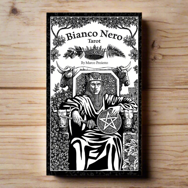 Bianco Nero Tarot Deck by Marco Proietto, contemporary hand-drawn ink illustrations inspired by antique engravings and woodcuts. 78-card Tarot Deck with 64-page guidebook featuring custom Goals Spread included. 