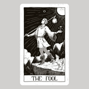 The Fool card of the Black Ritual Tarot. It depicts a carefree figure standing at the edge of a cliff, ready to embark on a new journey. With a small knapsack over his shoulder and a loyal dog by his side, The Fool looks forward with optimism, unburdened by the past.