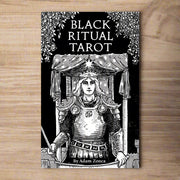 Black Ritual Tarot Deck by Adam Zonca, featuring 78 detailed black ink illustrations highlighting shadow and light aspects and showcasing Rider-Waite archetypes. Guidebook with card meanings and keywords included.