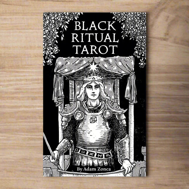 Black Ritual Tarot Deck by Adam Zonca, featuring 78 detailed black ink illustrations highlighting shadow and light aspects and showcasing Rider-Waite archetypes. Guidebook with card meanings and keywords included.