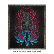 Intriguing Crow and Flowers Woven Throw Blanket with a crow in shades of black and blue against a dramatic background of magenta splashes and abstract shapes. Perfect for wall decoration, a cozy throw, or a unique picnic spread.