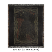 Death of a Crow Woven Throw Blanket, a beautifully crafted piece perfect for any setting. This blanket features a detailed crow and an ornate background, suggesting themes of transformation, the unknown, and the crossing between life and death.