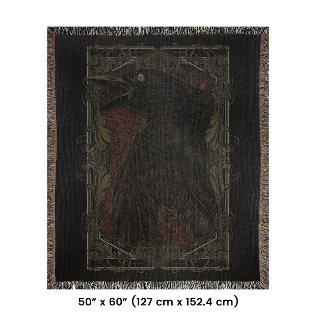 Death of a Crow Woven Throw Blanket, a beautifully crafted piece perfect for any setting. This blanket features a detailed crow and an ornate background, suggesting themes of transformation, the unknown, and the crossing between life and death.