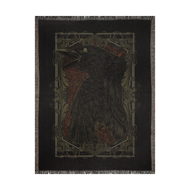 Death of a Crow Woven Throw Blanket, a beautifully crafted piece perfect for any setting. This blanket features a detailed crow and an ornate background, suggesting themes of transformation, the unknown, and the crossing between life and death.