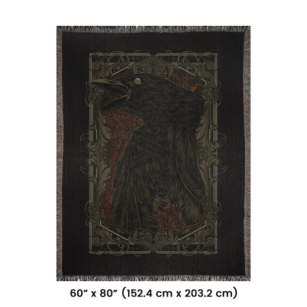 Death of a Crow Woven Throw Blanket, a beautifully crafted piece perfect for any setting. This blanket features a detailed crow and an ornate background, suggesting themes of transformation, the unknown, and the crossing between life and death.