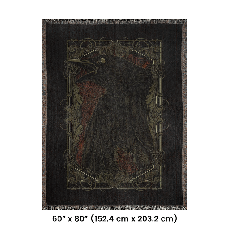 Death of a Crow Woven Throw Blanket, a beautifully crafted piece perfect for any setting. This blanket features a detailed crow and an ornate background, suggesting themes of transformation, the unknown, and the crossing between life and death.