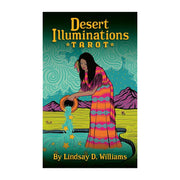 Desert Illuminations Tarot Deck featuring vibrant artwork inspired by the American Southwest. Boldly colorful tarot cards connecting with elements, chakras, and astrology. Includes 120-page Desert Codex guidebook.