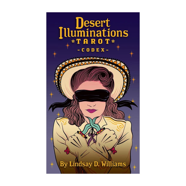 Desert Illuminations Tarot Deck featuring vibrant artwork inspired by the American Southwest. Boldly colorful tarot cards connecting with elements, chakras, and astrology. Includes 120-page Desert Codex guidebook.