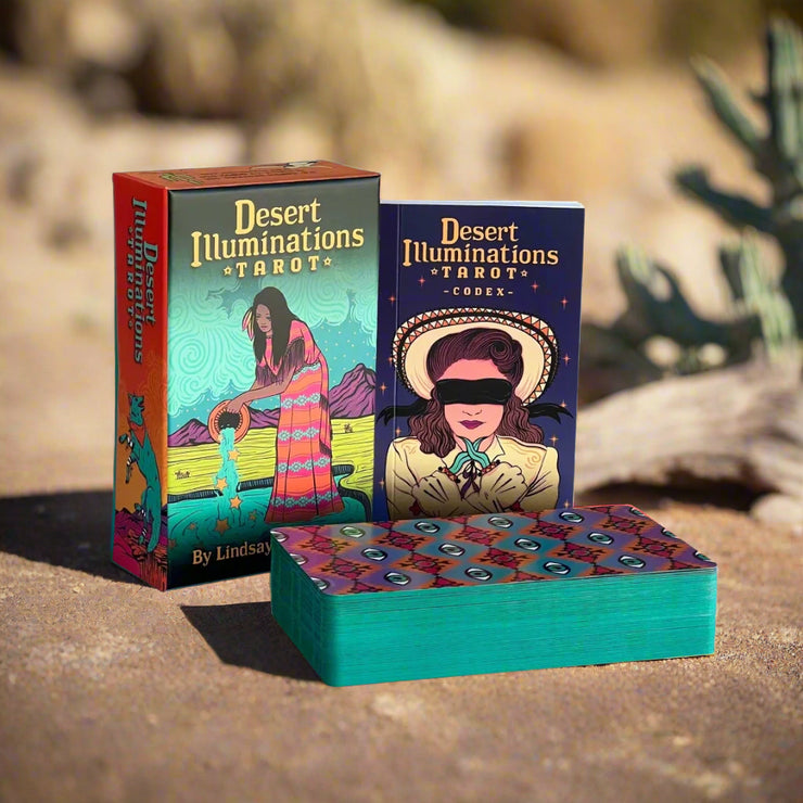 Desert Illuminations Tarot Deck featuring vibrant artwork inspired by the American Southwest. Boldly colorful tarot cards connecting with elements, chakras, and astrology. Includes 120-page Desert Codex guidebook.