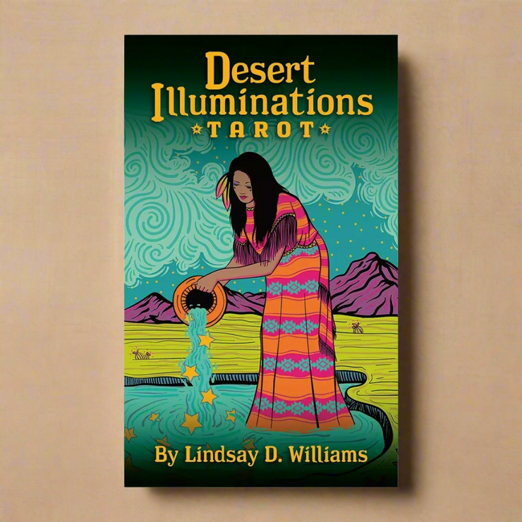 Desert Illuminations Tarot Deck featuring vibrant artwork inspired by the American Southwest. Boldly colorful tarot cards connecting with elements, chakras, and astrology. Includes 120-page Desert Codex guidebook.