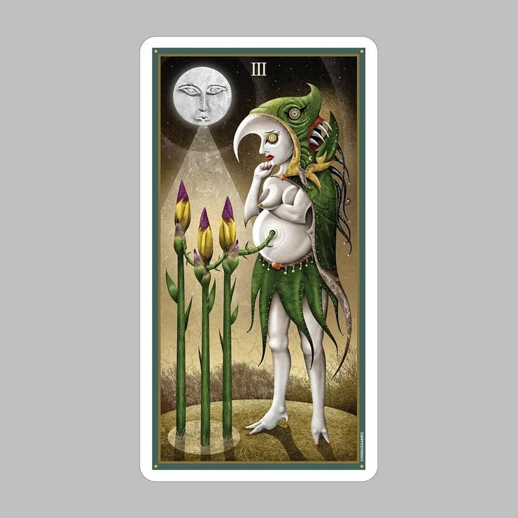 Deviant Moon Tarot Deck by Patrick Valenza showcasing unique gothic-themed tarot cards with moon-faced characters inspired by childhood dreams.  