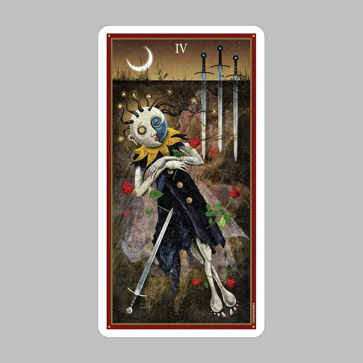 Deviant Moon Tarot Deck by Patrick Valenza showcasing unique gothic-themed tarot cards with moon-faced characters inspired by childhood dreams.  