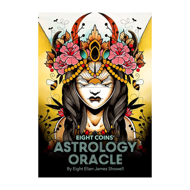 Eight Coins' Astrology Oracle Card Deck & Guide Book Set inspired by zodiac signs, astrological houses, planets, and moon phases featuring artwork by Eight Elian-James Showell.