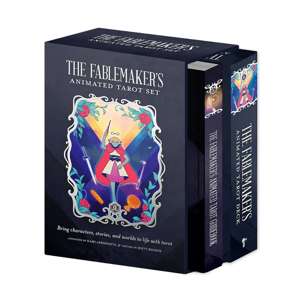 Fablemaker's Animated Tarot Deck with bright, colorful artwork using lenticular technology for dynamic 8-frame looping animation. 78-card tarot deck and 280-page hardcover guidebook. Interactive and engaging tarot reading experience.