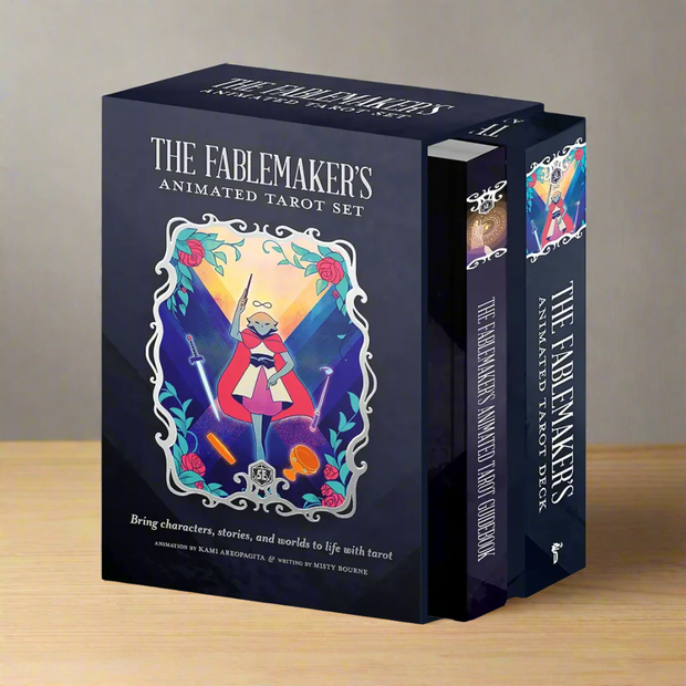 Fablemaker's Animated Tarot Deck with bright, colorful artwork using lenticular technology for dynamic 8-frame looping animation. 78-card tarot deck and 280-page hardcover guidebook. Interactive and engaging tarot reading experience.