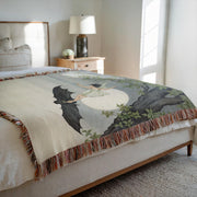 Enchanting Fairy Riding A Bat Woven Throw Blanket, 100% cotton, dyed in vibrant colors, perfect for wall decoration, cozy throw, or unique picnic spread, adding a charming touch to any room.