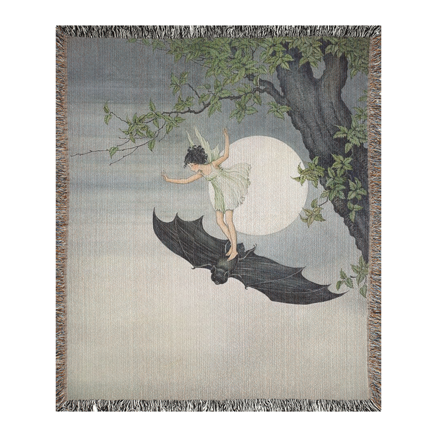 Enchanting Fairy Riding A Bat Woven Throw Blanket, 100% cotton, dyed in vibrant colors, perfect for wall decoration, cozy throw, or unique picnic spread, adding a charming touch to any room.