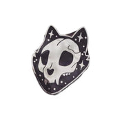 Intricately designed Gothic Cat Skull Enamel Lapel Pin featuring a high gloss silver chrome finish, with the cat's face and ears outlined in striking black enamel and gloss silver star accents.