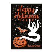 Happy Halloween Tarot Card Deck & Guidebook Set featuring vintage Halloween art like skeletons, witches, pumpkins, and bats designed by Soni Graves. Includes 128-page illustrated guidebook with custom spreads. 