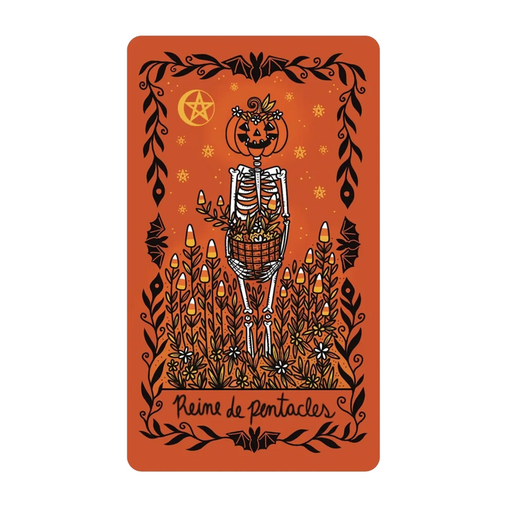 Happy Halloween Tarot Card Deck & Guidebook Set featuring vintage Halloween art like skeletons, witches, pumpkins, and bats designed by Soni Graves. Includes 128-page illustrated guidebook with custom spreads. 