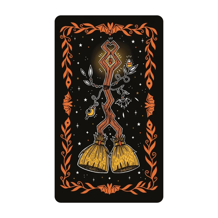 Happy Halloween Tarot Card Deck & Guidebook Set featuring vintage Halloween art like skeletons, witches, pumpkins, and bats designed by Soni Graves. Includes 128-page illustrated guidebook with custom spreads. 