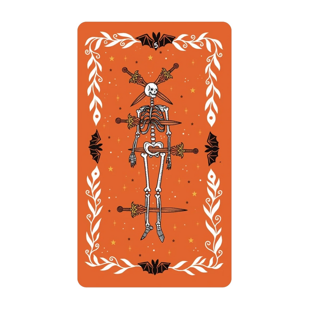 Happy Halloween Tarot Card Deck & Guidebook Set featuring vintage Halloween art like skeletons, witches, pumpkins, and bats designed by Soni Graves. Includes 128-page illustrated guidebook with custom spreads. 