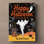 Happy Halloween Tarot Card Deck & Guidebook Set featuring vintage Halloween art like skeletons, witches, pumpkins, and bats designed by Soni Graves. Includes 128-page illustrated guidebook with custom spreads. 