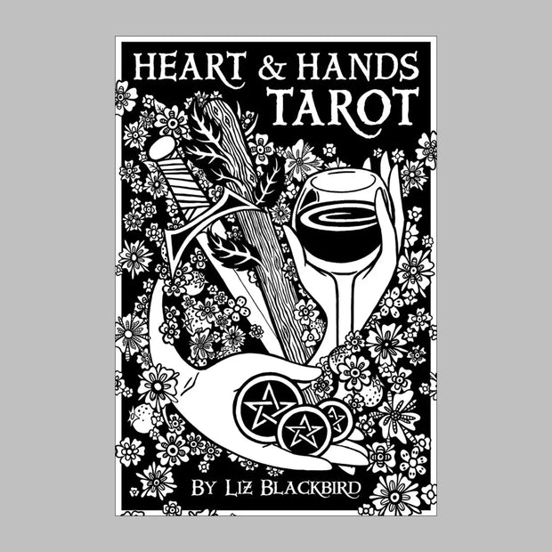 Heart & Hands Tarot Deck by Liz Blackbird, featuring flowers and figures. Intricate line-drawing technique in the 78-card black and white Tarot Deck with 72-page guidebook. Eclectic Tarot Deck rooted in Rider-Waite-Smith symbolism.