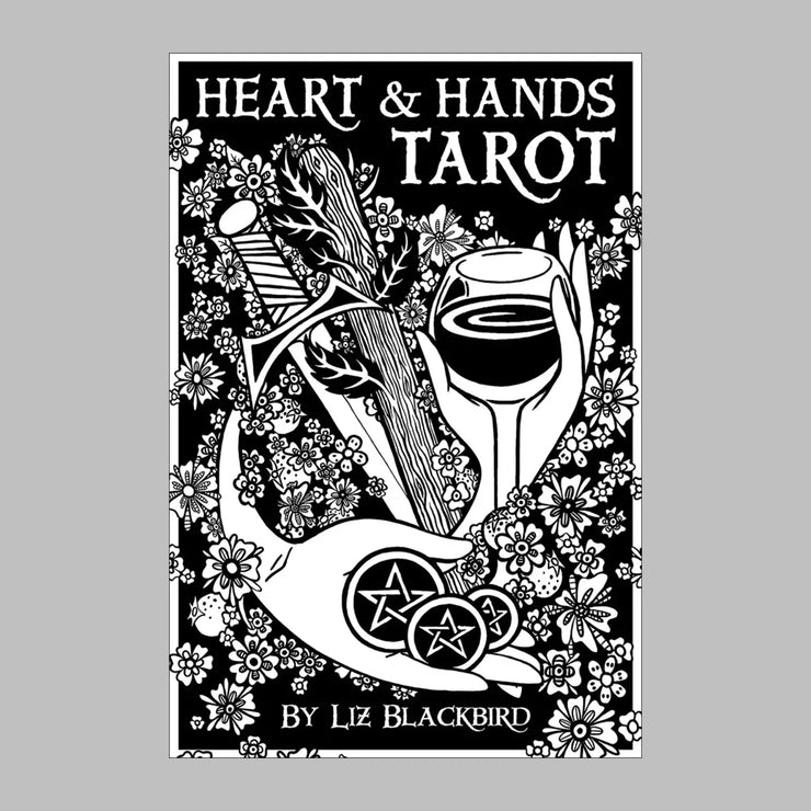 Heart & Hands Tarot Deck by Liz Blackbird, featuring flowers and figures. Intricate line-drawing technique in the 78-card black and white Tarot Deck with 72-page guidebook. Eclectic Tarot Deck rooted in Rider-Waite-Smith symbolism.