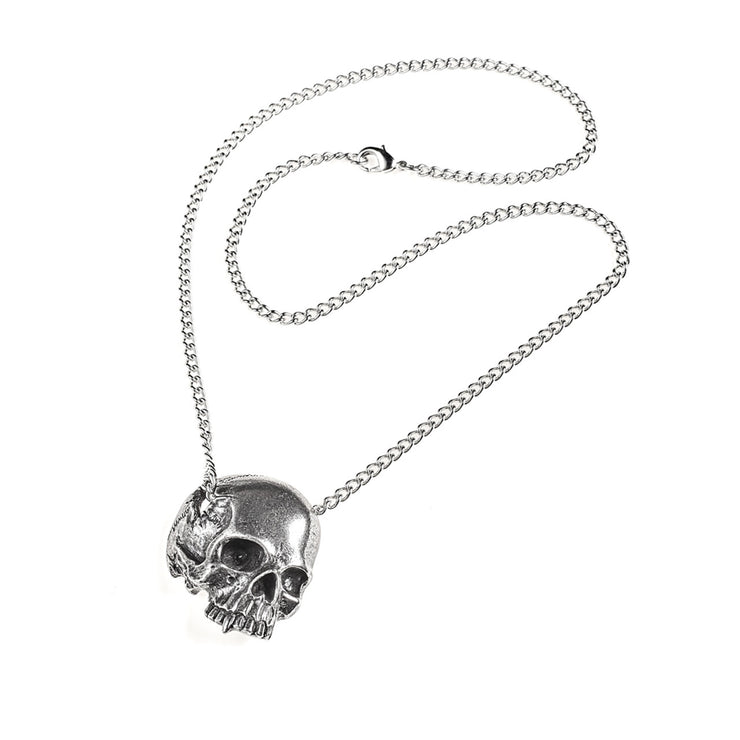 Nosferatu's Lament Skull Necklace by Alchemy Gothic featuring a jawless human skull with a vampiric canine tooth, presented in a ¾ view, with a large temporal perforation for the pendant chain.