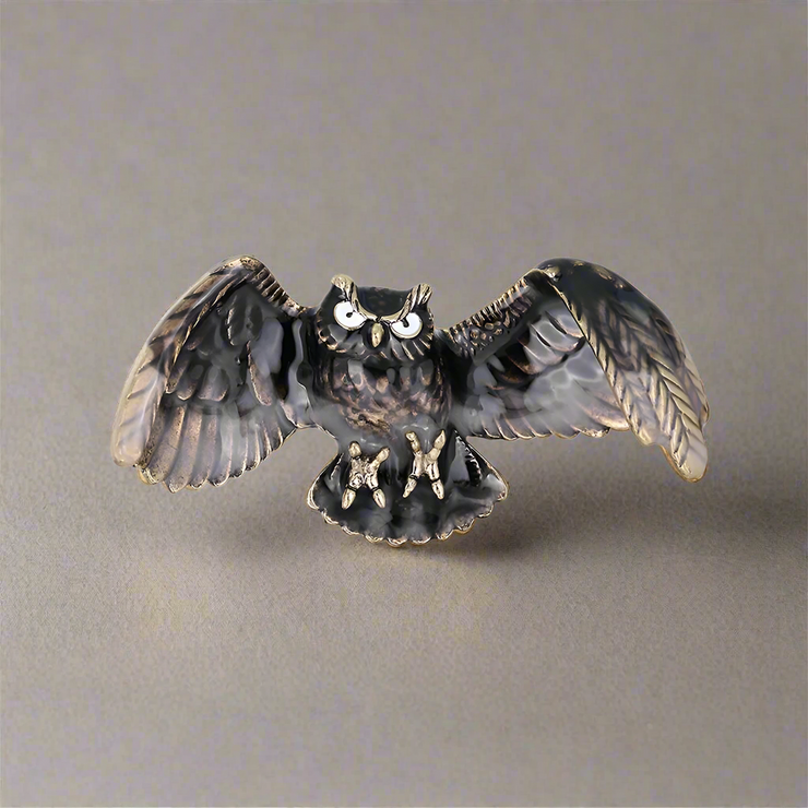 Flying Owl Vintage Style Black Enamel Brooch