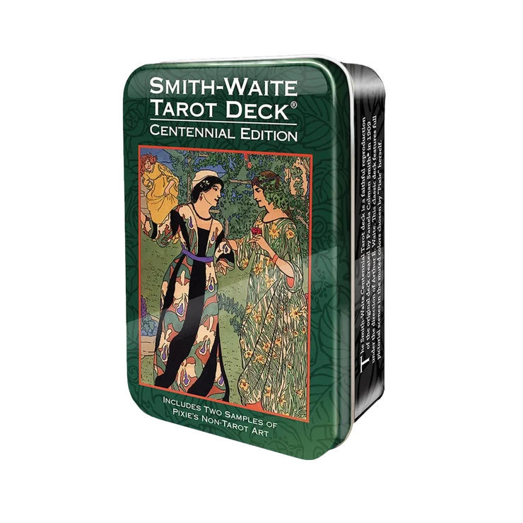 Smith-Waite Centennial Tarot Deck in a Tin, faithful reproduction of the original deck created by Pamela Colman Smith's original tarot deck from 1909. Pocket-sized Smith-Waite Centennial Tarot Cards, 80-card deck including standard 78 tarot cards plus 2 samples.