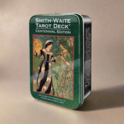 Smith-Waite Centennial Tarot Deck in a Tin, faithful reproduction of the original deck created by Pamela Colman Smith's original tarot deck from 1909. Pocket-sized Smith-Waite Centennial Tarot Cards, 80-card deck including standard 78 tarot cards plus 2 samples.