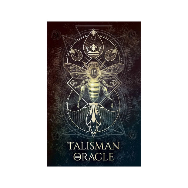 Talisman Oracle Card Deck and Book Box Set with 44 black gilt-edged oracle cards with magical sigils and sacred geometry, 112-page illustrated guidebook, and vellum tracing paper for crafting talismans in a spot varnished and foil-accented gift box.