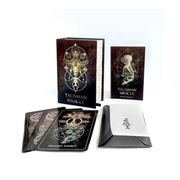 Talisman Oracle Card Deck and Book Box Set with 44 black gilt-edged oracle cards with magical sigils and sacred geometry, 112-page illustrated guidebook, and vellum tracing paper for crafting talismans in a spot varnished and foil-accented gift box.