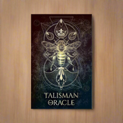 Talisman Oracle Card Deck and Book Box Set with 44 black gilt-edged oracle cards with magical sigils and sacred geometry, 112-page illustrated guidebook, and vellum tracing paper for crafting talismans in a spot varnished and foil-accented gift box.