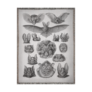 Vampire Bats Woven Throw Blanket featuring 'Chiroptera - Vampyrus' from Kunstformen der Natur by Ernst Haeckel. This beautifully crafted blanket is perfect for any setting—use it as a stunning wall decoration, a cozy throw for your sofa, or even a unique picnic spread.