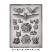 Vampire Bats Woven Throw Blanket featuring 'Chiroptera - Vampyrus' from Kunstformen der Natur by Ernst Haeckel. This beautifully crafted blanket is perfect for any setting—use it as a stunning wall decoration, a cozy throw for your sofa, or even a unique picnic spread.