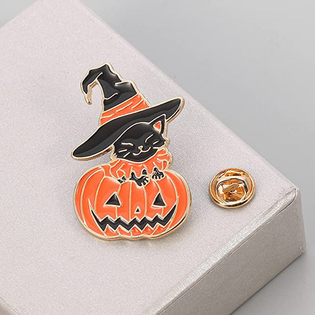 Witch Cat and Pumpkin Enamel Lapel Pin
