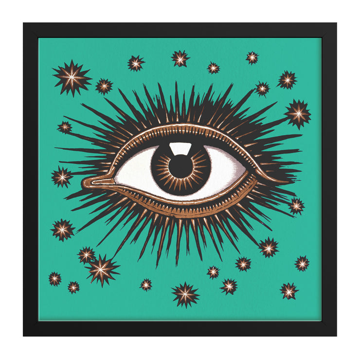 "All Seeing Eye" Art Deco Square Framed Art Print - Teal