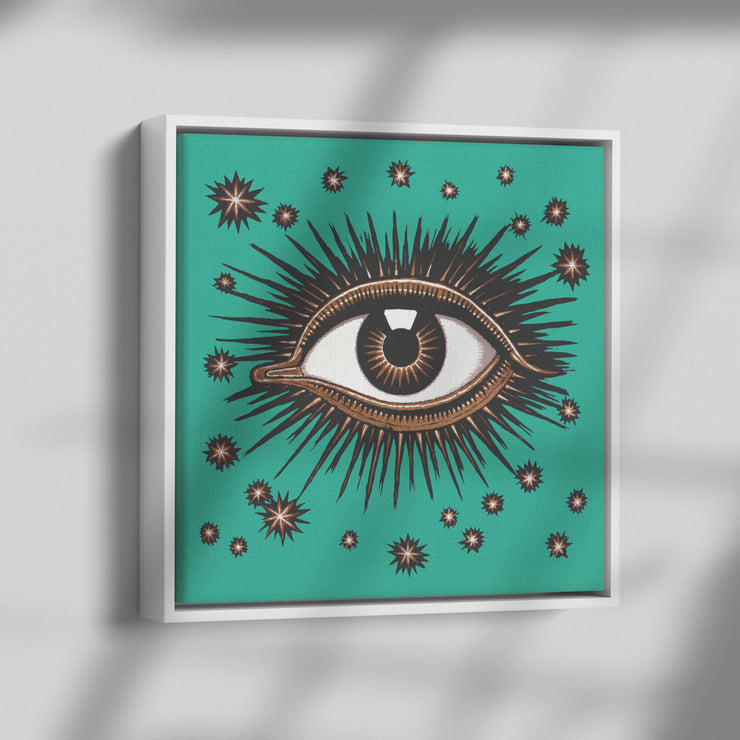 "All Seeing Eye" Art Deco Square Framed Canvas - Teal