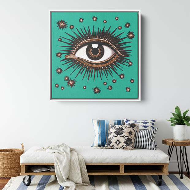 Lienzo enmarcado cuadrado Art Déco "El ojo que todo lo ve" - ​​Verde azulado