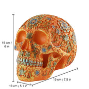 Ornate Carved Floral Replica Human Skull Statue